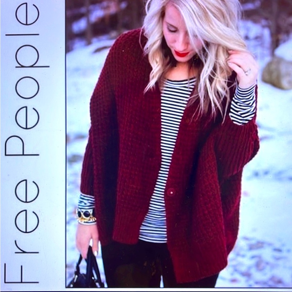 Free People Red Berry Oversized Cardigan Sweater